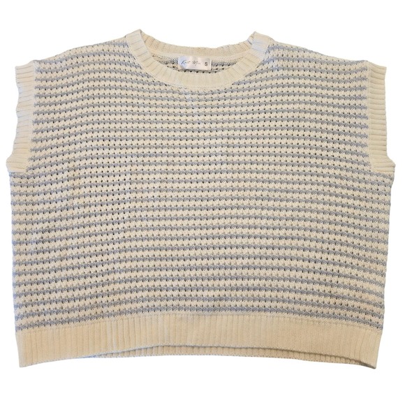 Sweaters - Womens Knit Sweater Top Small Winter White W Blue Stripes‎ Cap Sleeve Coastal